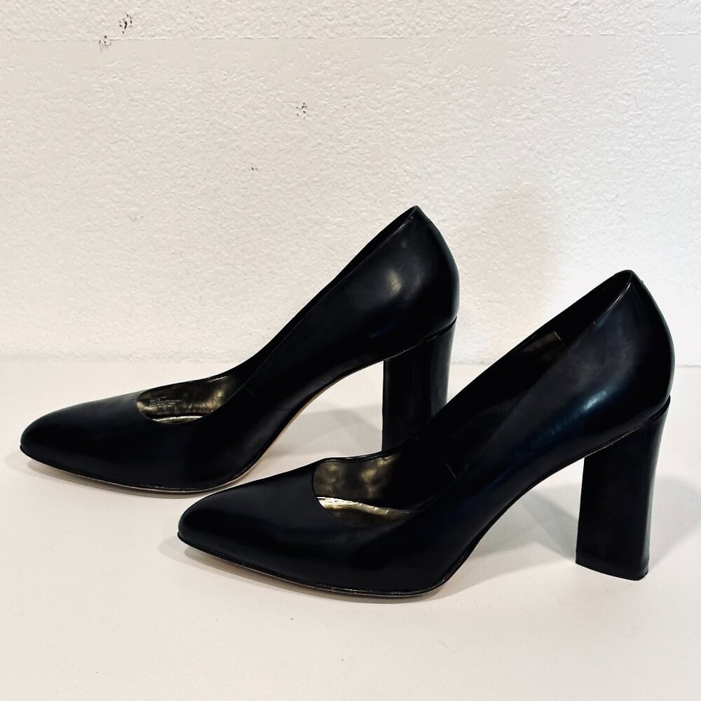 Vince Camuto Black Leather Pumps with High Block Heels Classic Womens US Size 9B